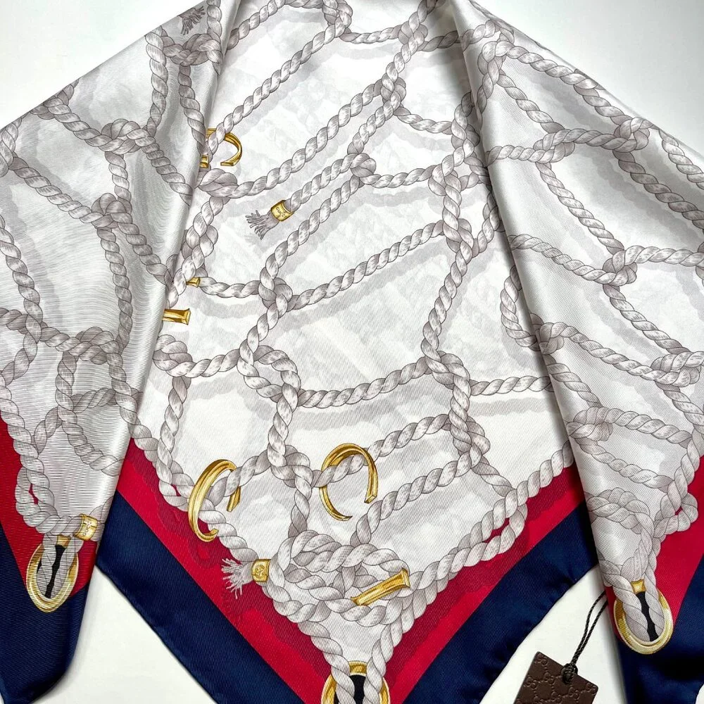New Gucci Scarf GG Logo Ropes Print Nautical Style Silk Wrap